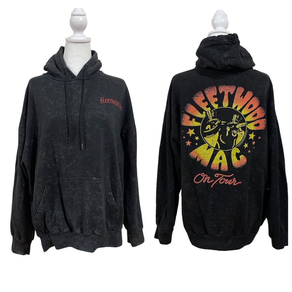 Fleetwood Mac On Tour Hoodie Black Acid Wash Band Graphic Pullover Size L EUC